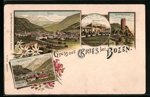 Lithographie Bozen-Gries, Totalansicht, Kurhaus, Gescheibter Turm