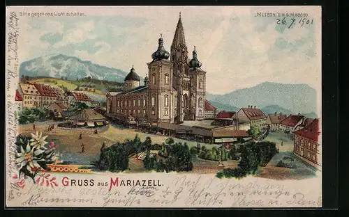Lithographie Mariazell, Ansicht der Wallfahrtskirche, Halt gegen das Licht: Mondschein und Gnadenbild
