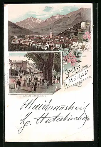 Lithographie Meran, Totalansicht mit Kurhaus und Promenade