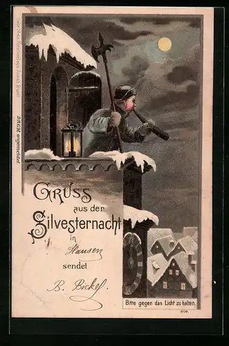 Lithographie Nachtwächter blickt in die Ferne, Halt gegen das Licht mit Prosit Neujahr-Schriftzug