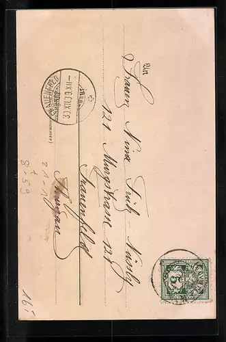 Lithographie Nachtwächter blickt in die Ferne, Halt gegen das Licht mit Prosit Neujahr-Schriftzug