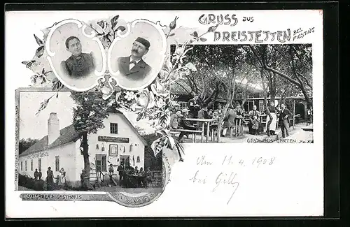 AK Dreistetten, L. Scherrers Gasthaus - Gebäude, Garten und Portraits des Wirtspaares