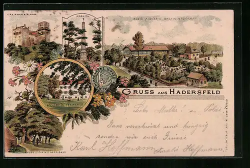 Lithographie Hadersfeld, Alois Aigners Gastwirtschaft, Schloss, Obelisk