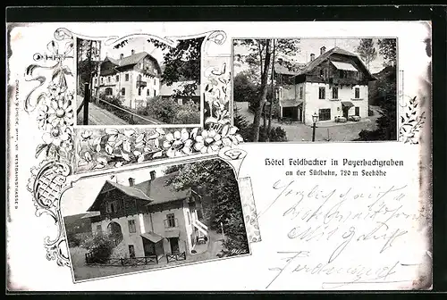 Passepartout-AK Payerbachgraben /Südbahn, Hotel Feldbacher mit Strasse