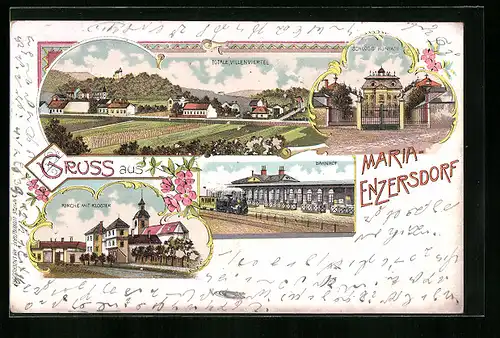 Lithographie Maria-Enzersdorf, Bahnhof, Kirche mit Kloster, Schloss Hunyadi
