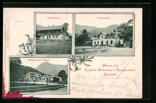 AK Kernhof, Leopold Schreiners Restaurant, Bahnhof mit Gippel