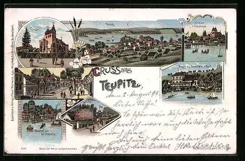 Lithographie Teupitz, Gasthof von W. Marwitz, Gasthof von Frau Mende