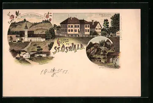 Lithographie St. Oswald, Brauerei im ehem. Kloster, neue Schule