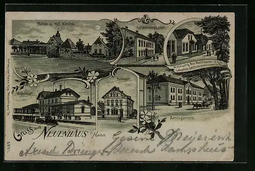 Mondschein-Lithographie Neuenhaus i. Hann., Bahnhof, Amtsgericht, Verwaltungsamt