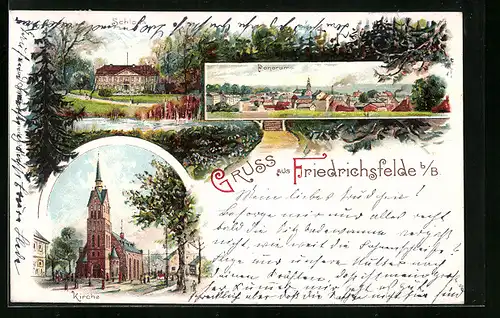 Lithographie Friedrichsfelde b. B., Panorama, Schloss, Kirche