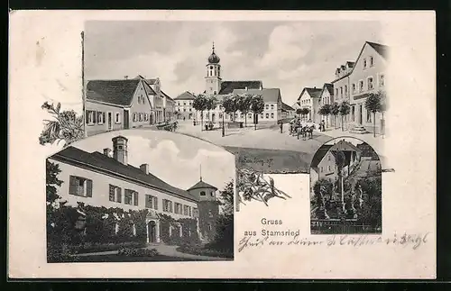 Künstler-AK Eugen Felle: Stamsried, Ortspartie mit Kirche, Gebäudeansicht, Denkmal