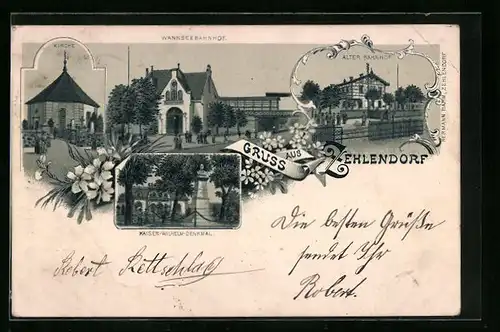 Lithographie Berlin-Zehlendorf, Wannseebahnhof, Alter Bahnhof, Kirche