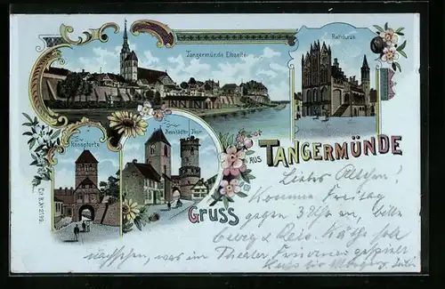 Lithographie Tangermünde, Rathaus, Rosspforte, Neustädter Tor