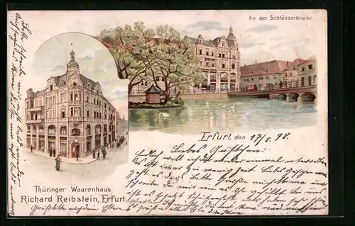 Lithographie Erfurt, Thüringer Warenhaus Richard Reibstein, An der Schlösserbrücke