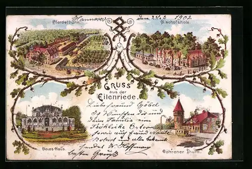 Lithographie Eilenriede, Gasthaus Bischofshole, Döhrener Turm, Neues Haus