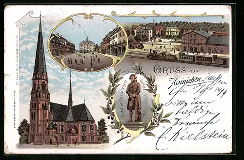 Lithographie Hainichen, Kirche, Christian Fürchtegott Geller 1715-1769, Ortspartie mit Eisenbahn