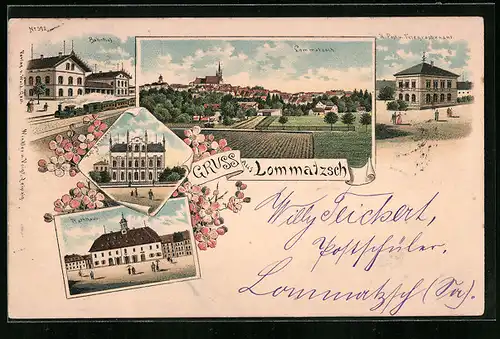 Lithographie Lommatzsch, Königliches Amtsgericht, Rathaus, Bahnhof