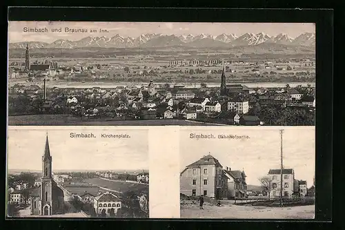 AK Simbach am Inn, Bahnhof, Kirchenplatz, Ortsansicht mit Braunau