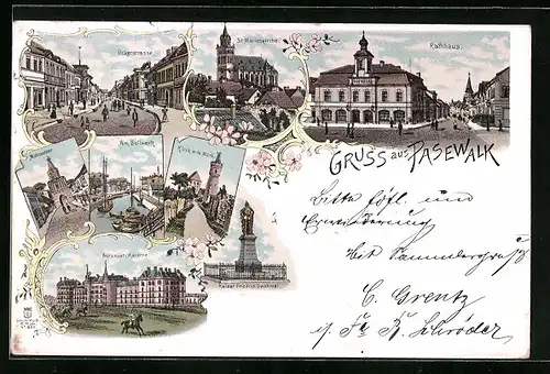 Lithographie Pasewalk, Kürassier-Kaserne, Rathaus, Ückerstrasse