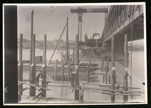 Fotografie Ansicht Wien-Floridsdorf, Brückenbau Kaiser Franz Joseph Brücke, Aufbau von Montagegerüsten mit Ponton