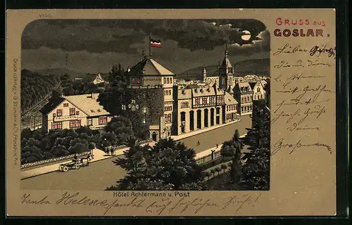 Mondschein-Lithographie Goslar, Hotel Achtermann u. Post aus der Vogelschau