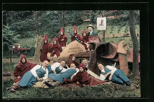 AK Döbeln, Die Heinzelmännchen ermuntern die erschöpfte Stiefelbaukolonne zur Arbeit