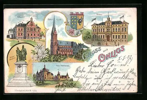 Lithographie Ohligs, Kath. Kirche mit Rathaus und Amtsgericht