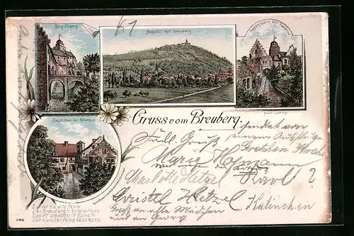 Lithographie Neustadt a. Breuberg, Ortsansicht mit Burg-Eingang