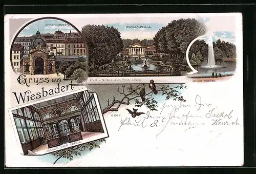 Lithographie Wiesbaden, Kochbrunnen, Kursaalplatz mit grosser Fontaine