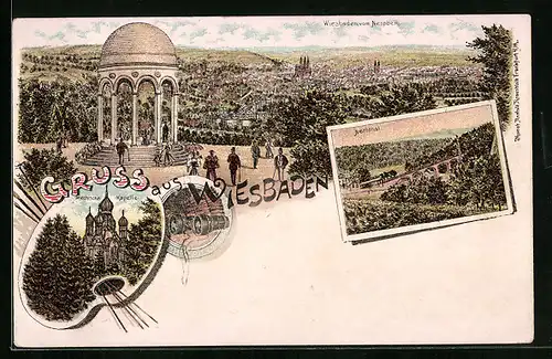 Lithographie Wiesbaden, Griechische Kapelle, Nerothal und Panorama vom Neroberg aus