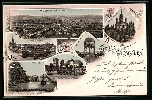 Lithographie Wiesbaden, Kochbrunnenplatz, Restaurant auf dem Neroberg, Tempel, Griech. Kapelle, Kurhaus und Panorama