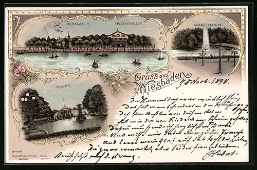 Lithographie Wiesbaden, Kursaal und Musikpavillon, Grosse Fontaine, Kurhaus