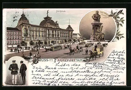 Lithographie Frankfurt a. M., Strassenbahn am Postgebäude, Kaiser Wilhelm II. Denkmal im Posthof