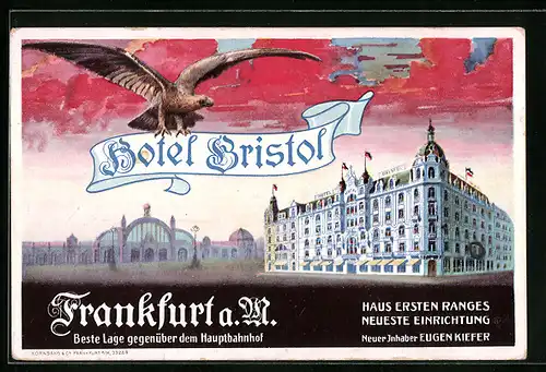 Künstler-AK Frankfurt a. M., Hotel Bristol mit Hauptbahnhof und Adler
