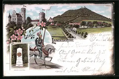 Lithographie Görlitz, Gasthaus Landeskrone, Körner Denkmal, Ritter und Burgansicht