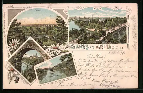 Lithographie Görlitz, Viaduct, Neisse-Ansicht mit Laufsteg, Totalansicht