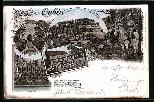 Lithographie Oybin, Gasthaus mit Gesellschaftsplatz, Burgtor, Hausgrund, Kirche, Dorf, Ruine und Burg