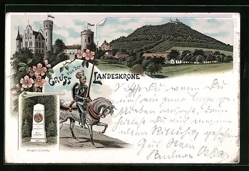 Lithographie Görlitz, Gasthaus Landeskrone mit Burgansicht und Körner Denkmal