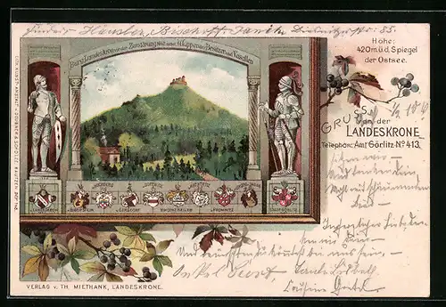 Lithographie Görlitz, Gasthaus Landeskrone, Burgansicht aus der Ferne