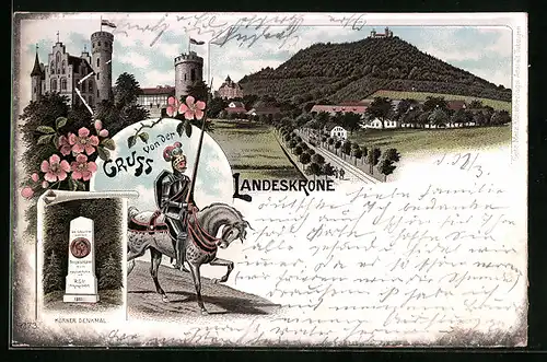 Lithographie Görlitz, Gasthaus Landeskrone mit Burgansicht, Körner Denkmal und Ritter