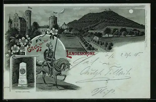 Mondschein-Lithographie Görlitz, Gasthaus Landeskrone mit Burgansicht und Körner Denkmal