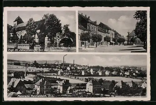 AK Reichenbach /O.-L., Evgl. St. Johanniskirche mit östl. Hussitentor, Marktplatz, Panorama