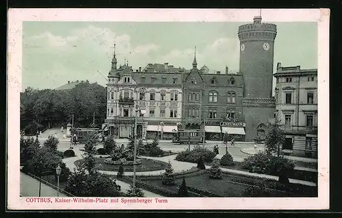 AK Cottbus, Kaiser-Wilhelm-Platz mit Spremberger Turm