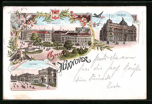 Lithographie Hannover, Ernst-August-Platz, Hauptpost und Bahnhof