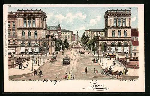 Lithographie Berlin, Strassenbahn am Halleschen Tor
