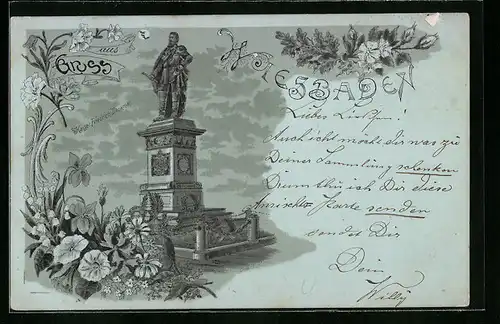 Mondschein-Lithographie Wiesbaden, Kaiser Friedrich-Denkmal