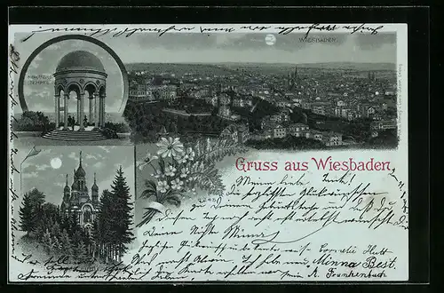Mondschein-Lithographie Wiesbaden, Nerobergtempel, Griechische Kapelle, Totalansicht