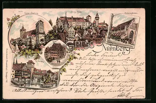 Lithographie Nürnberg, Kaiserstallung, Henkersteg, Südseite der Burg, Dürerhaus und Gasthaus Bratwurstglöcklein