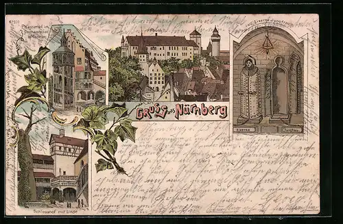 Lithographie Nürnberg, Wasserhof im Germanischen Museum, Burg, Schlosshof mit Linde und Eiserne Jungfrau