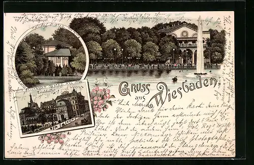 Lithographie Wiesbaden, Musiktempel, Trinkhalle und Parkseite des Kurhauses